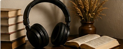 Headphones beside books and an open novel