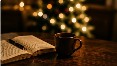 Open book and warm drink with Christmas lights in the background