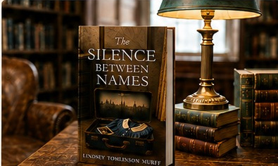 The Silence Between Names displayed beside a library lamp